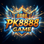 PK8888 Game logo with shield, flaming 8888, swords, and wings